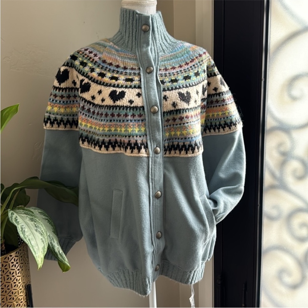 Free People Blue Fair Isle Zip-Up Cardigan Jacket